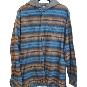Billabong Men’s XL Hooded Flannel Shirt Blue Brown Striped